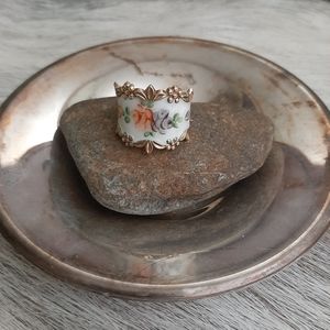 Antique Vermeil Gold Ring with Painted Floral Enamel